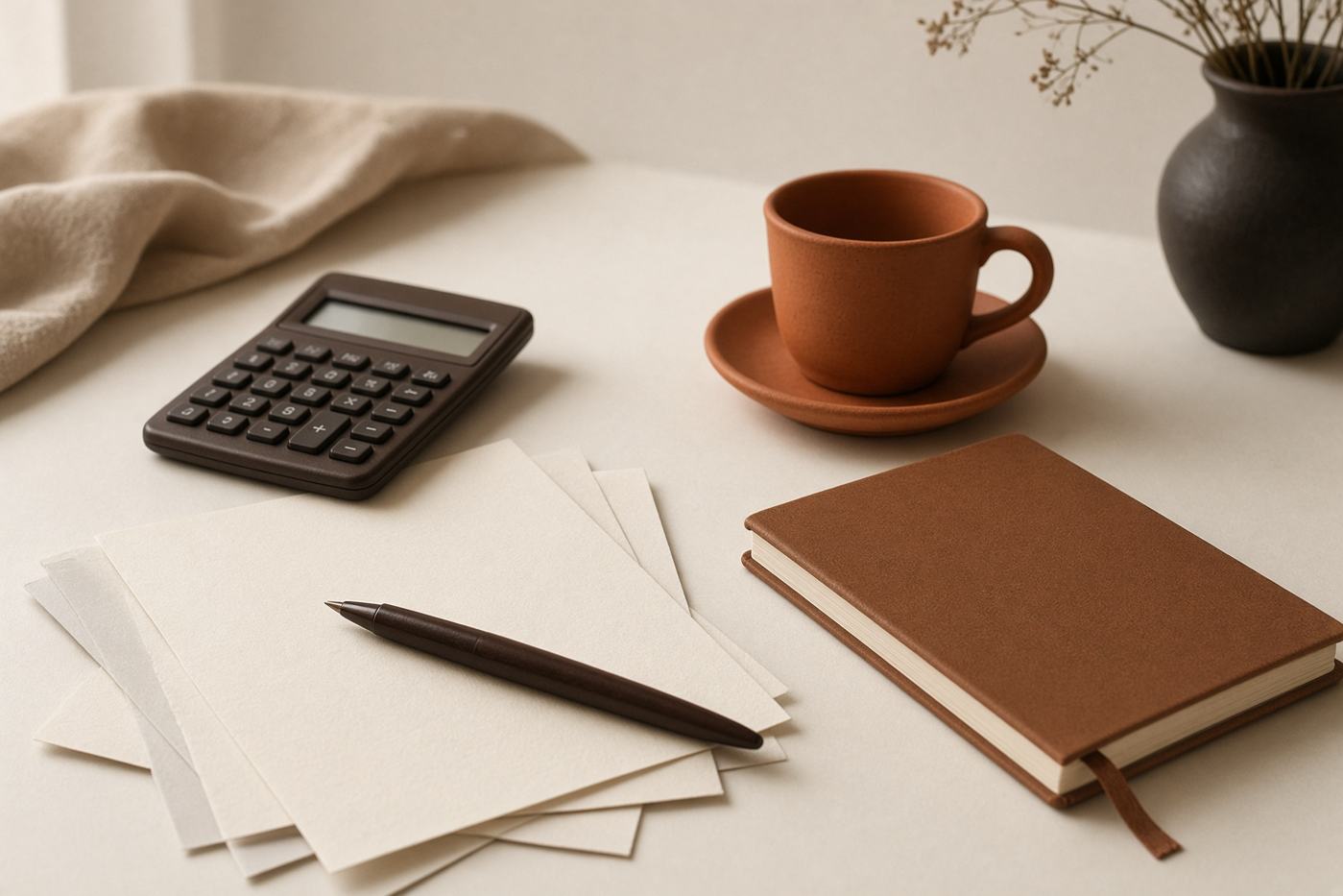 Bureau avec feuilles, calculette et tasse, lumière du jour.