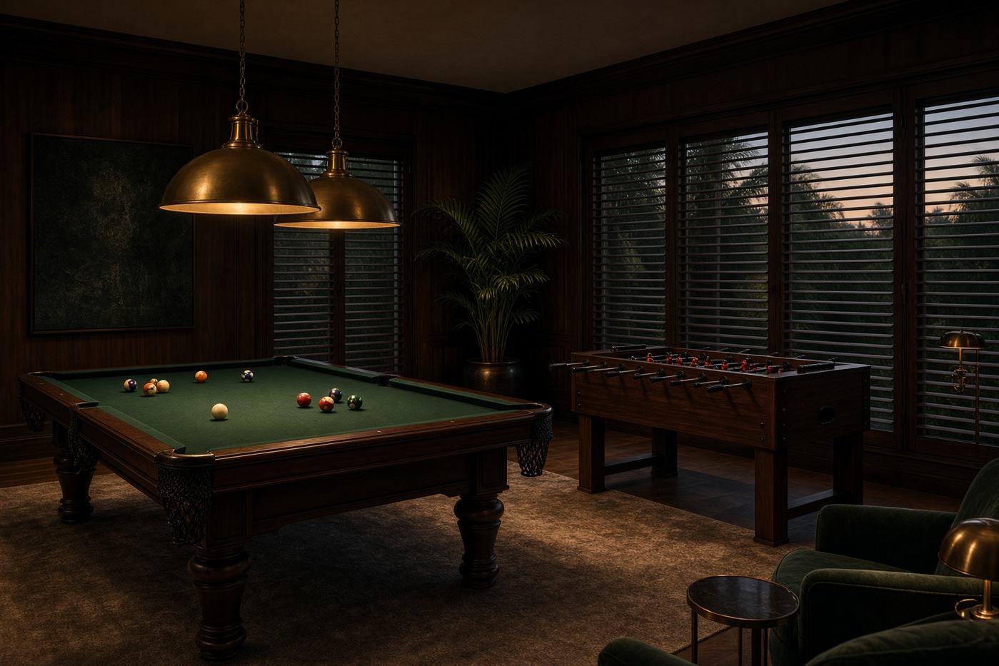 Salle de jeux avec un billard et un baby-foot, lumière chaude.