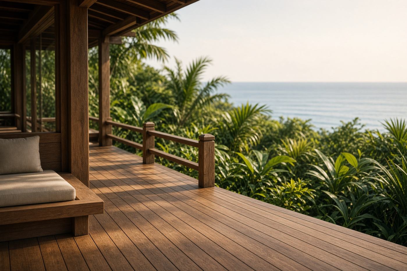 Terrasse en bois ouverte sur un jardin tropical.